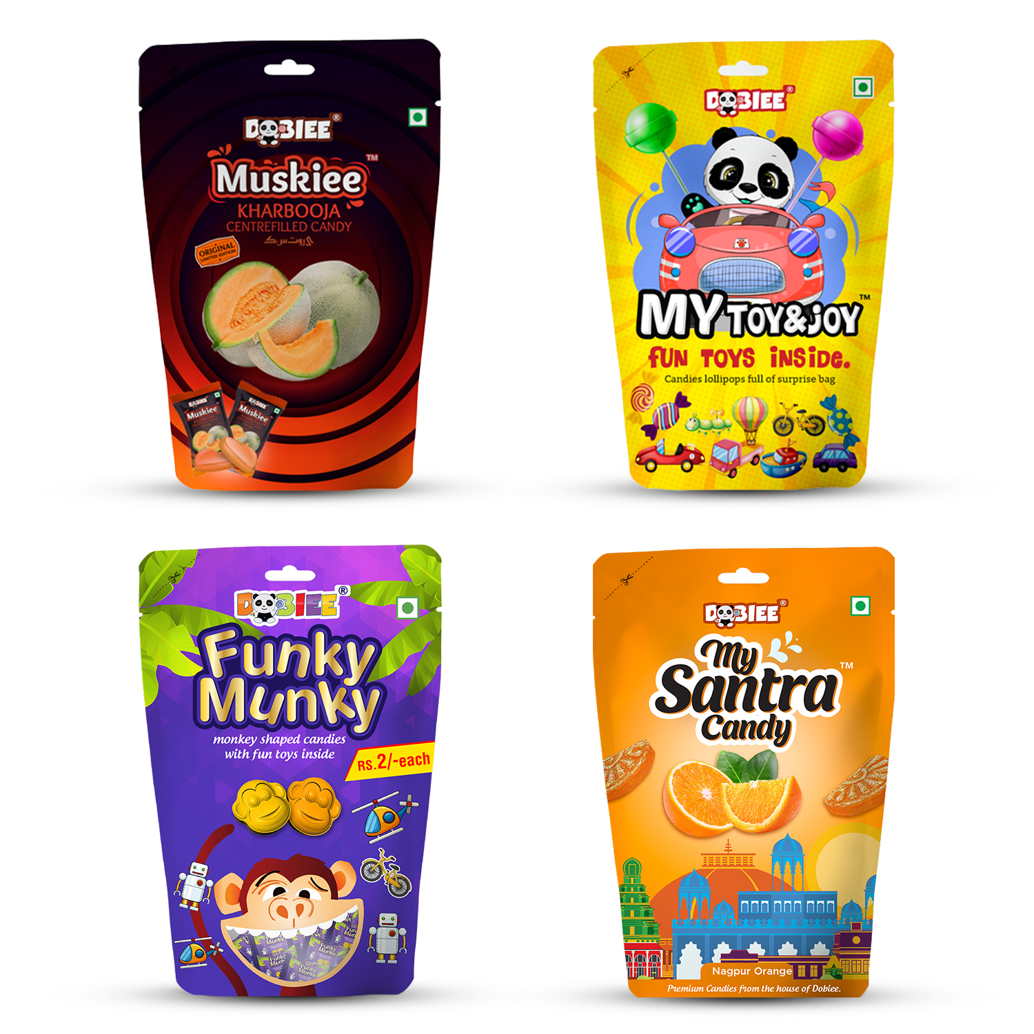 DOBIEE Multi Fruit Flavour Centre Filled Candies Combo of 4 Assorted Pack (Muskiee 50pcs, My Toy &#038; Joy &#8211; Mix, Funky Munky 50pcs, My Santra Candy 50pcs)