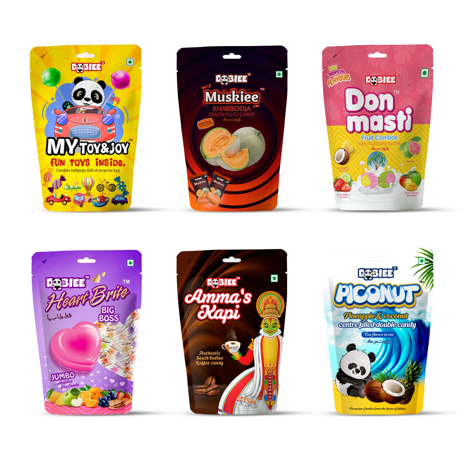 DOBIEE Multi Fruit Flavour Centre Filled Candies Combo of 6 Assorted Pack (My Toy &#038; Joy &#8211; Mix, Muskiee 50pcs, Don Masti 50pcs, Heart Brite 50pcs, Ammas Kapi 50pcs, Piconut 50pcs)